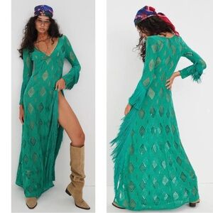NWT For Love & Lemons Green Victoria Fringe Crochet Maxi Dress Size XS